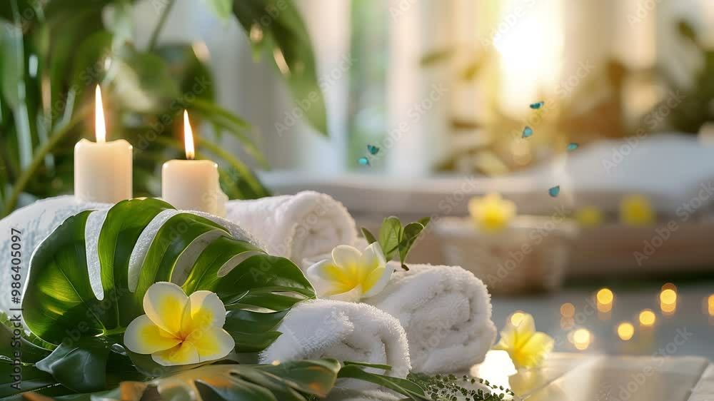 Relaxing ambiance: white towel, yellow candle, and green leaf Relaxing ambiance: white towel, yellow candle, and green leaf
