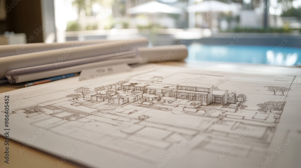 House Plan Sketch on Table with Blurred Pool in Background House Plan Sketch on Table with Blurred Pool in Background