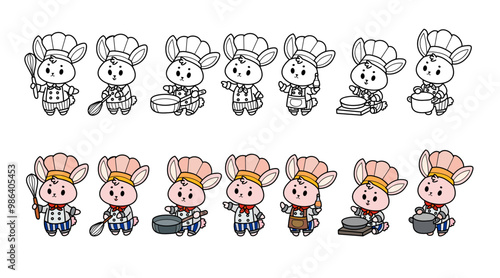 Bunny chefs cooking in various poses with kitchen utensils, cute cartoon characters in kawaii doodle styles, vector illustration.