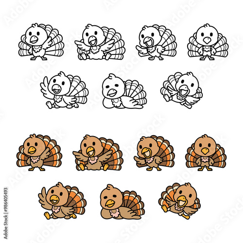 Cute cartoon characters, turkeys doodle set for Thanksgiving Day themed design, various of playful poses, vector illustration.