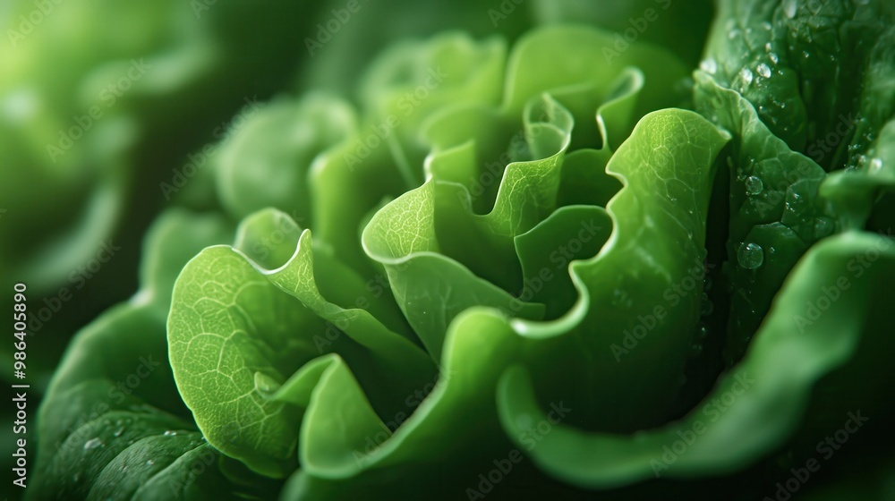 Fototapeta premium Close-up of Fresh Green Lettuce with Dew Drops in Natural Light, Showcasing Crisp Texture and Vibrant Color, Perfect for Healthy Eating and Organic Food Concepts