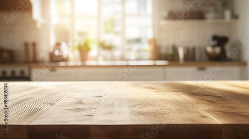 Wooden tabletop in the foreground. The background is a blurred kitchen interior with bright natural light streaming through a window.