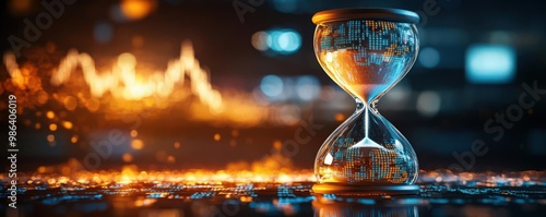 A striking hourglass representing time, with dynamic light and fiery elements, symbolizing urgency and the passage of time.