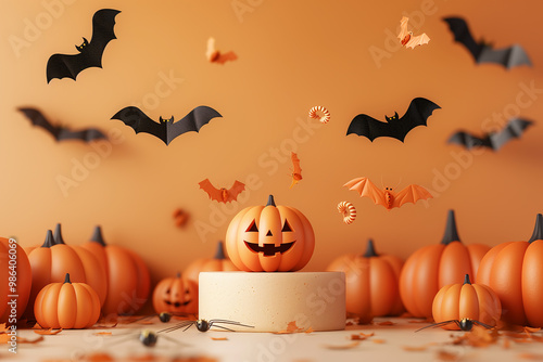 A Halloween scene with bats flying around and a pumpkin with a scary face