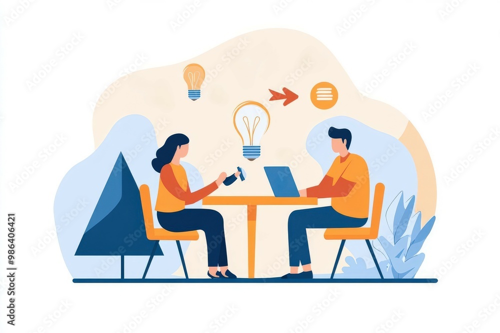 A collaborative workspace illustration showcasing two individuals exchanging ideas and innovations over a table with a laptop. A collaborative workspace illustration showcasing two individuals exchanging ideas and innovations over a table with a laptop.