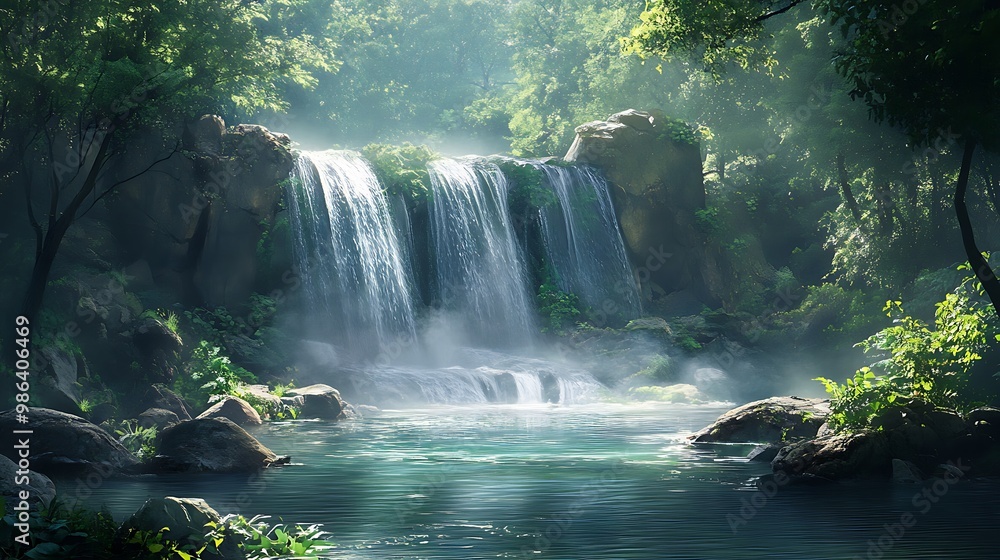 A serene waterfall cascading into a tranquil pool, surrounded by lush greenery and soft mist. A serene waterfall cascading into a tranquil pool, surrounded by lush greenery and soft mist.