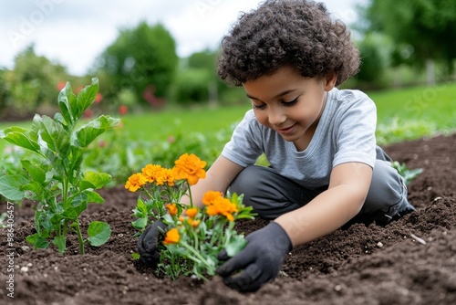 A child planting flowers in a garden, learning about nature and the environment