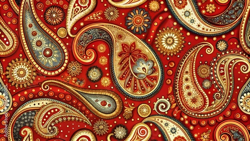 Wallpaper Mural Colorful paisley pattern with golden details on a vivid red background for textile design Torontodigital.ca