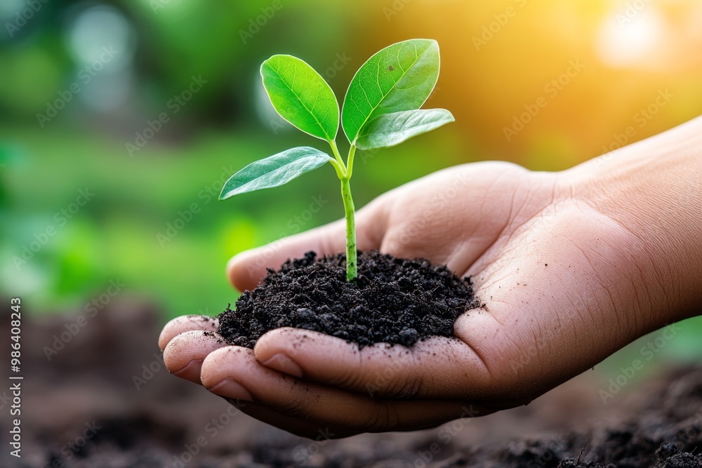 A close-up of a hand holding a young seedling, representing growth, hope, and a sustainable future for the planet