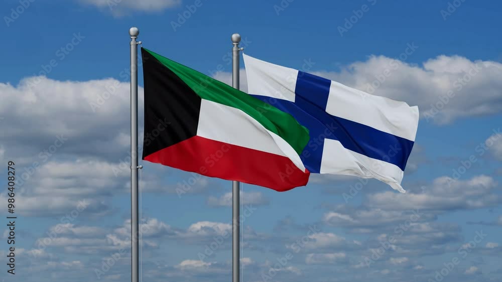 Finland and Kuwait flags flying together, video concept of the relationship, two country relations concept Finland and Kuwait flags flying together, video concept of the relationship, two country relations concept