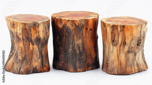 Three rustic wooden stumps arranged in a row.