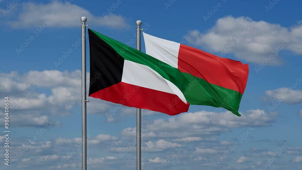Madagascar and Kuwait flags flying together, video concept of the relationship, two country relations concept Madagascar and Kuwait flags flying together, video concept of the relationship, two country relations concept