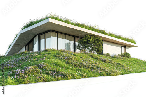 Modern green roof with grass and wildflowers, energyefficient building,,Isolated on transparent background. photo