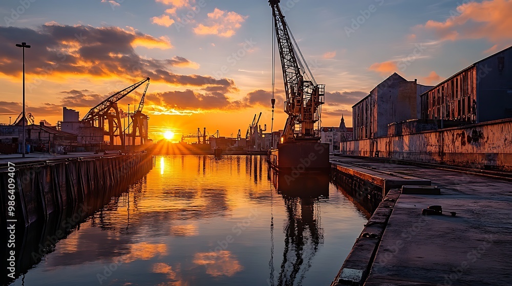 A serene sunset over a harbor with cranes reflecting on the water, showcasing industrial beauty. A serene sunset over a harbor with cranes reflecting on the water, showcasing industrial beauty.