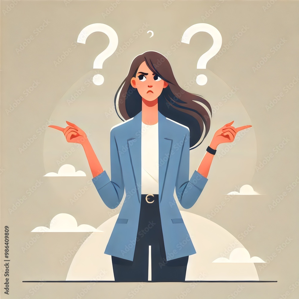 A thoughtful woman stands pointing in two directions with question marks above her head, symbolizing the challenge of making decisions A thoughtful woman stands pointing in two directions with question marks above her head, symbolizing the challenge of making decisions