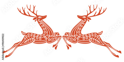 Reindeer and holly berry line art ornament style dividers borders. Christmas element design. vector eps