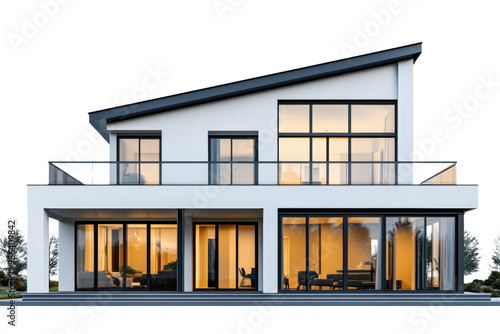 Modern two-story residential house with large windows and a sloping roof i,Isolated on transparent background