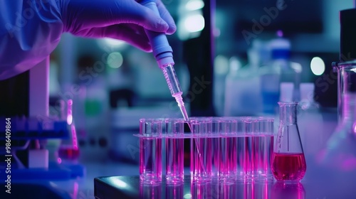 Scientist Using Pipette in Laboratory with Pink Liquid and Test Tubes