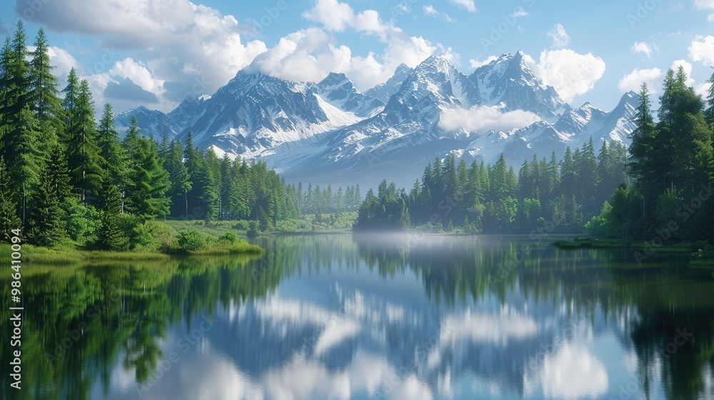 A tranquil mountain lake surrounded by dense pine forests and snow-capped peaks, with the water reflecting the surrounding landscape like a mirror A tranquil mountain lake surrounded by dense pine forests and snow-capped peaks, with the water reflecting the surrounding landscape like a mirror
