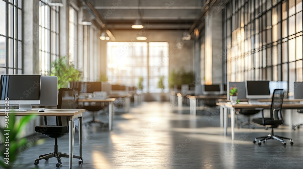 Side view of an open office environment with rows of computer tables near panoramic windows A 3D rendering mockup with a blurred effect great for workspace design concepts Side view of an open office environment with rows of computer tables near panoramic windows A 3D rendering mockup with a blurred effect great for workspace design concepts
