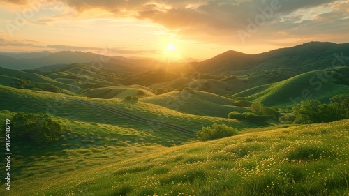 Lush green hills captured under golden image