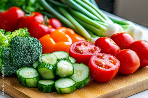 A close-up of fresh vegetables on a cutting board, ready for meal preparation and healthy eating photo