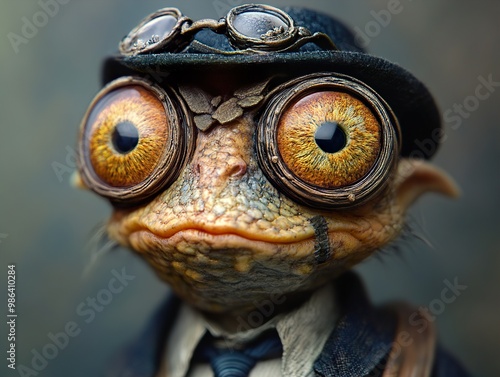 Steampunk Frog Creature with Goggles and Hat - Fantasy Art