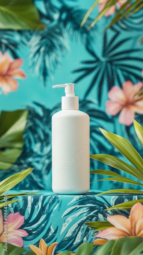 3d white plain lotion pump bottle mock up with flowers and leaves background for advertising, shampoo bottle mock up 3d white plain lotion pump bottle mock up with flowers and leaves background for advertising, shampoo bottle mock up