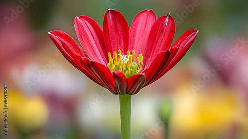 Vivid red flower blooming in a sunny botanical garden during springtime, showcasing delicate petals and bright yellow center