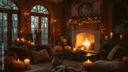 Halloween room interior living room are, interior house decoration for autumn and for Holidays, pumpkins, candle light and a cozy fireplace 