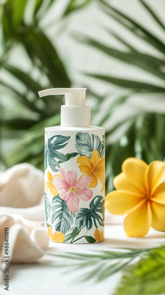 Selective Focus of Florals Painted Lotion Bottle with Palm Leaves Background Selective Focus of Florals Painted Lotion Bottle with Palm Leaves Background