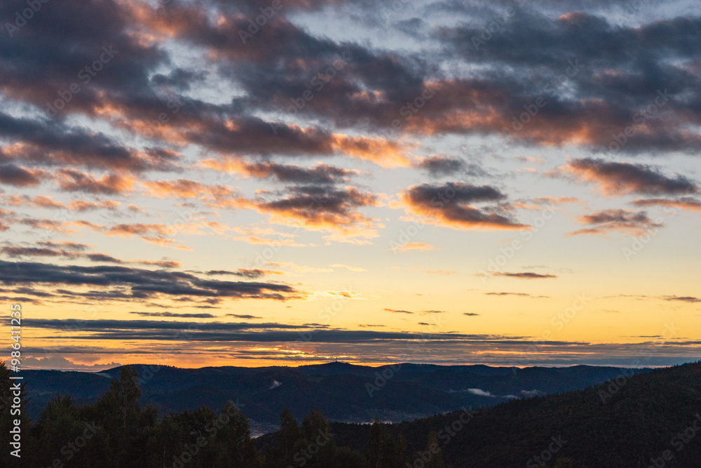 landscape sky and clouds sunrise, forest and mountains in clouds, autumn colors, pink and red, soft dawn light, golden hour, beauty of nature, poster, postcard, screensaver, Carpathians landscape sky and clouds sunrise, forest and mountains in clouds, autumn colors, pink and red, soft dawn light, golden hour, beauty of nature, poster, postcard, screensaver, Carpathians