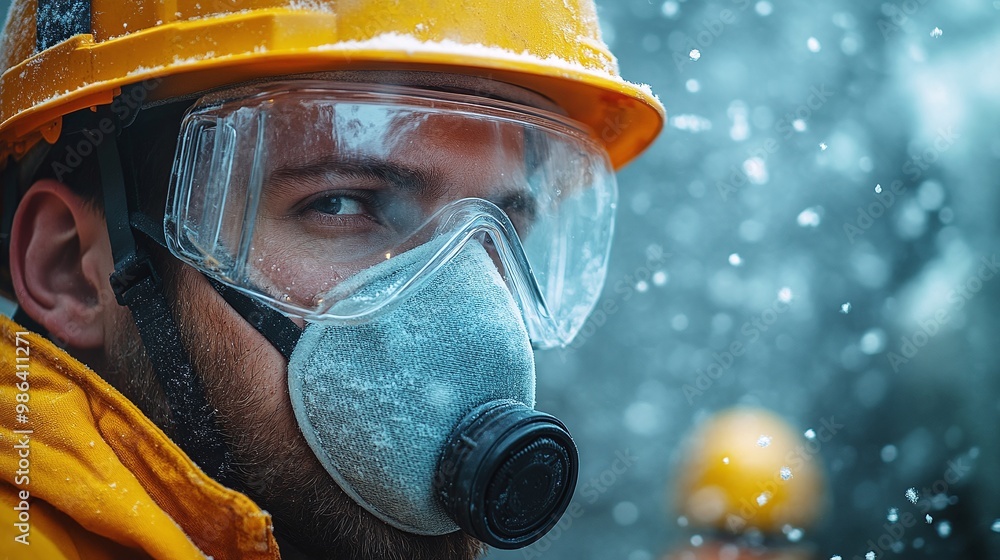 construction worker wearing protective equipment, including a high-grade dust mask, amidst floating glass wool dust particles in a hazardous construction site construction worker wearing protective equipment, including a high-grade dust mask, amidst floating glass wool dust particles in a hazardous construction site