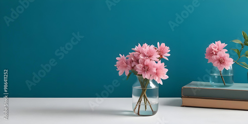Wallpaper Mural A minimalist arrangement of pink flowers in a clear glass vase placed on a white table against a teal background. Torontodigital.ca