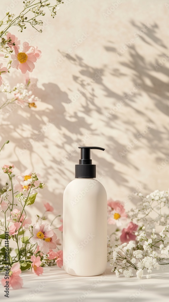 3d white plain lotion pump bottle mockup with flowers background for advertisement, shampoo bottle mockup 3d white plain lotion pump bottle mockup with flowers background for advertisement, shampoo bottle mockup