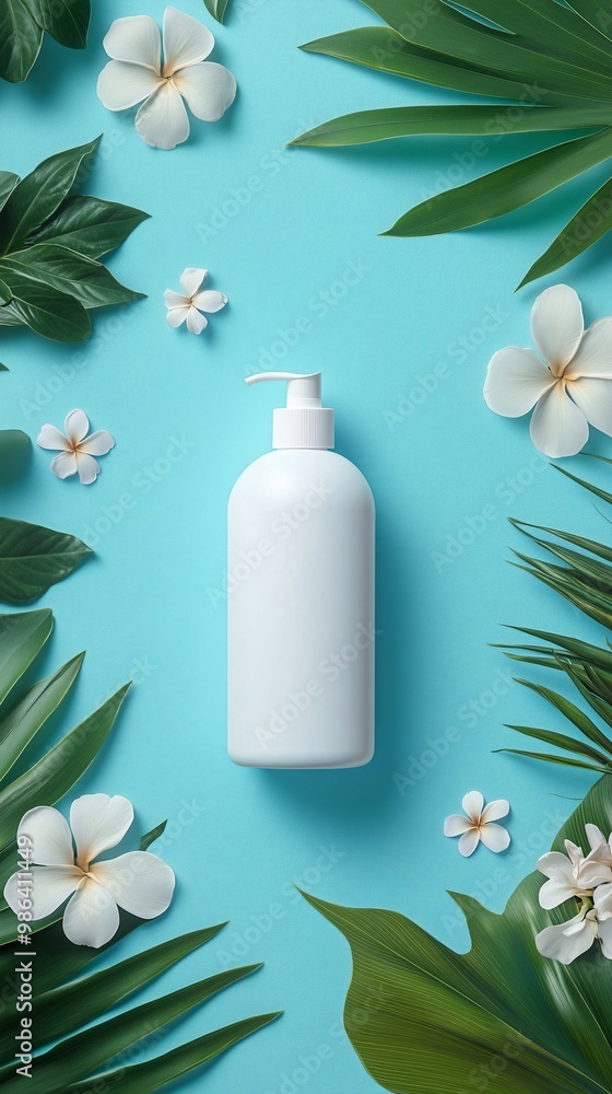 3d white plain lotion pump bottle mockup with flowers and leaves on light blue background for advertisement, shampoo bottle mockup 3d white plain lotion pump bottle mockup with flowers and leaves on light blue background for advertisement, shampoo bottle mockup