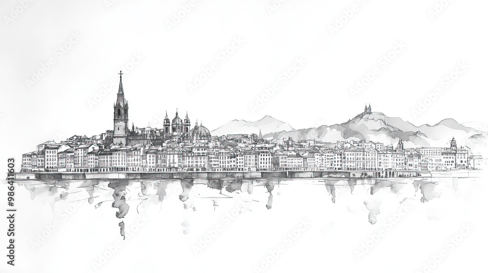 Fototapeta premium San Sebastin, Spain, black and white pen pencil hand-drawn effect drawing illustration for travel poster, card, wallpaper, backdrop or banner. Modern, clear, artistic and simple