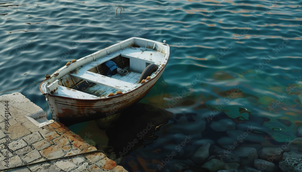 Obraz premium A boat anchored at the shore, surrounded by clear blue water