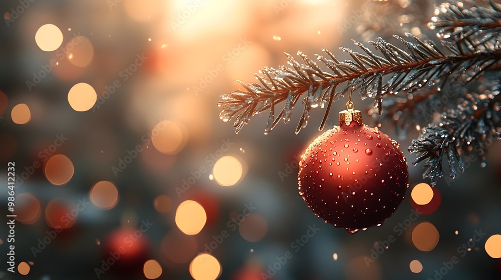 Festive Christmas Baubles Hanging on Blurred Pine Tree Branches with Bokeh Lighting Effects Festive Christmas Baubles Hanging on Blurred Pine Tree Branches with Bokeh Lighting Effects