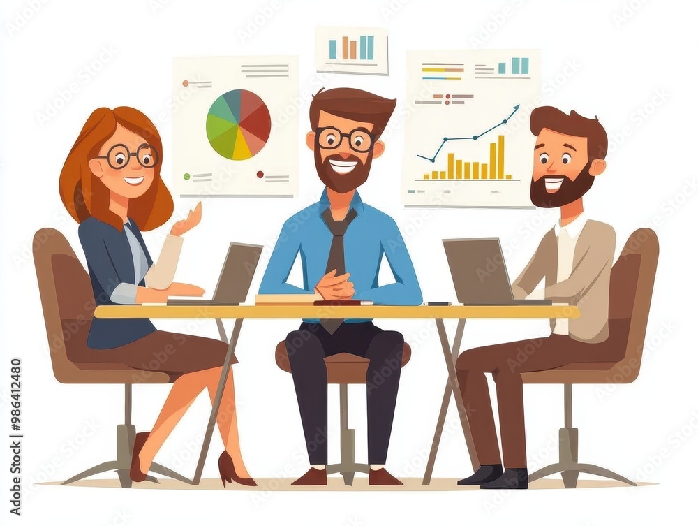 Managers brainstorming business solutions with charts and digital tools in a cartoon style Managers brainstorming business solutions with charts and digital tools in a cartoon style