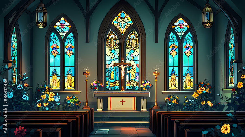 Obraz premium Church with stained glass windows and a cross on the altar. Stained Glass. Illustration