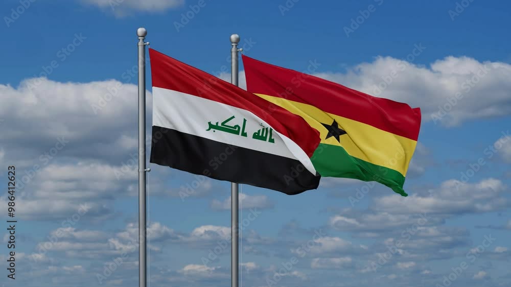 Ghana and Iraq flags flying together, video concept of the relationship, two country relations concept Ghana and Iraq flags flying together, video concept of the relationship, two country relations concept