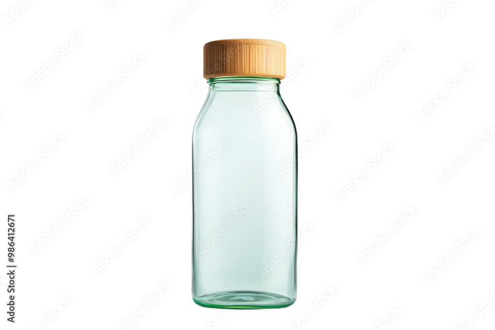 Reusable glass water bottle with bamboo lid and green accents,Isolated on transparent background Reusable glass water bottle with bamboo lid and green accents,Isolated on transparent background