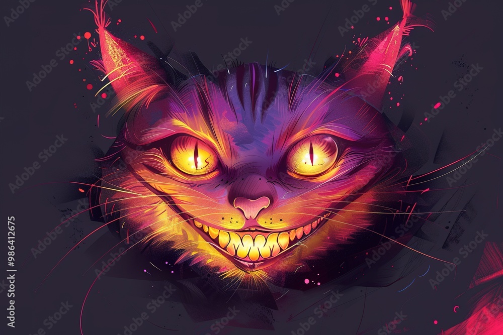 image of Cheshire cat smile vector illustration with quote on dark background. image of Cheshire cat smile vector illustration with quote on dark background.