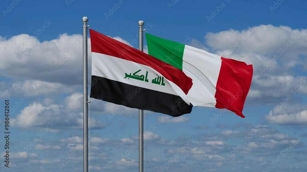 Italy and Iraq flags flying together, video concept of the relationship, two country cooperation concept Italy and Iraq flags flying together, video concept of the relationship, two country cooperation concept