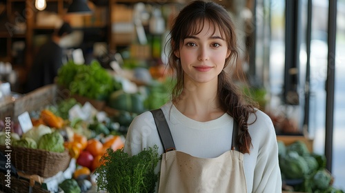 A young woman stands confidently in a market, holding fresh herbs, surrounded by vibrant fruits and vegetables.