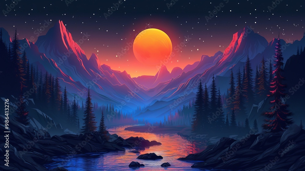 Early Morning Sunrise Over Forest and Mountains Flat Nature Vector Illustration Early Morning Sunrise Over Forest and Mountains Flat Nature Vector Illustration