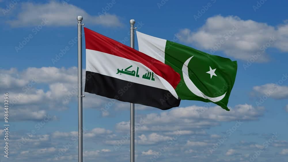 Pakistan and Iraq flags flying together, video concept of the relationship, two country relations concept Pakistan and Iraq flags flying together, video concept of the relationship, two country relations concept