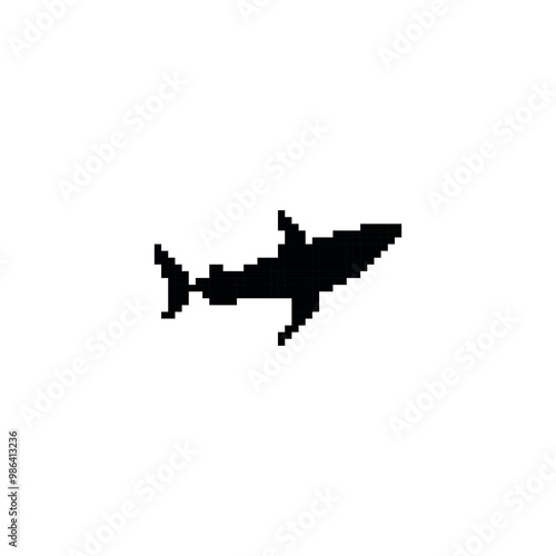 Pixel art black shark silhouette. Minimalistic shark icon in pixelated retro style.