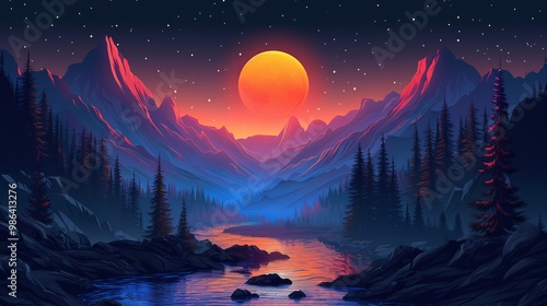 Early Morning Sunrise Over Forest and Mountains Flat Nature Vector Illustration